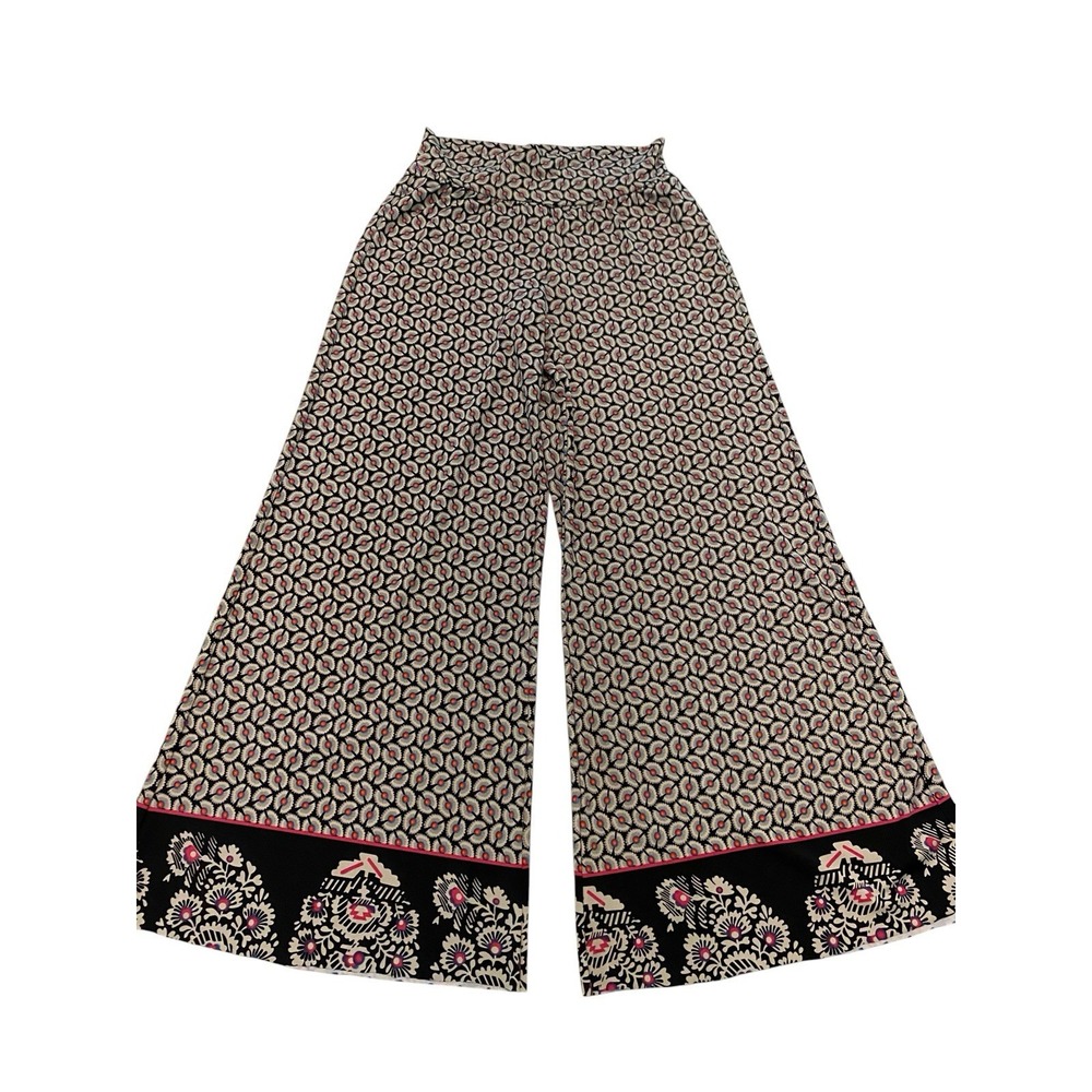Aryeh Womens Small Wide Leg Pants Geometric Floral Border Print Stretch Palazzo